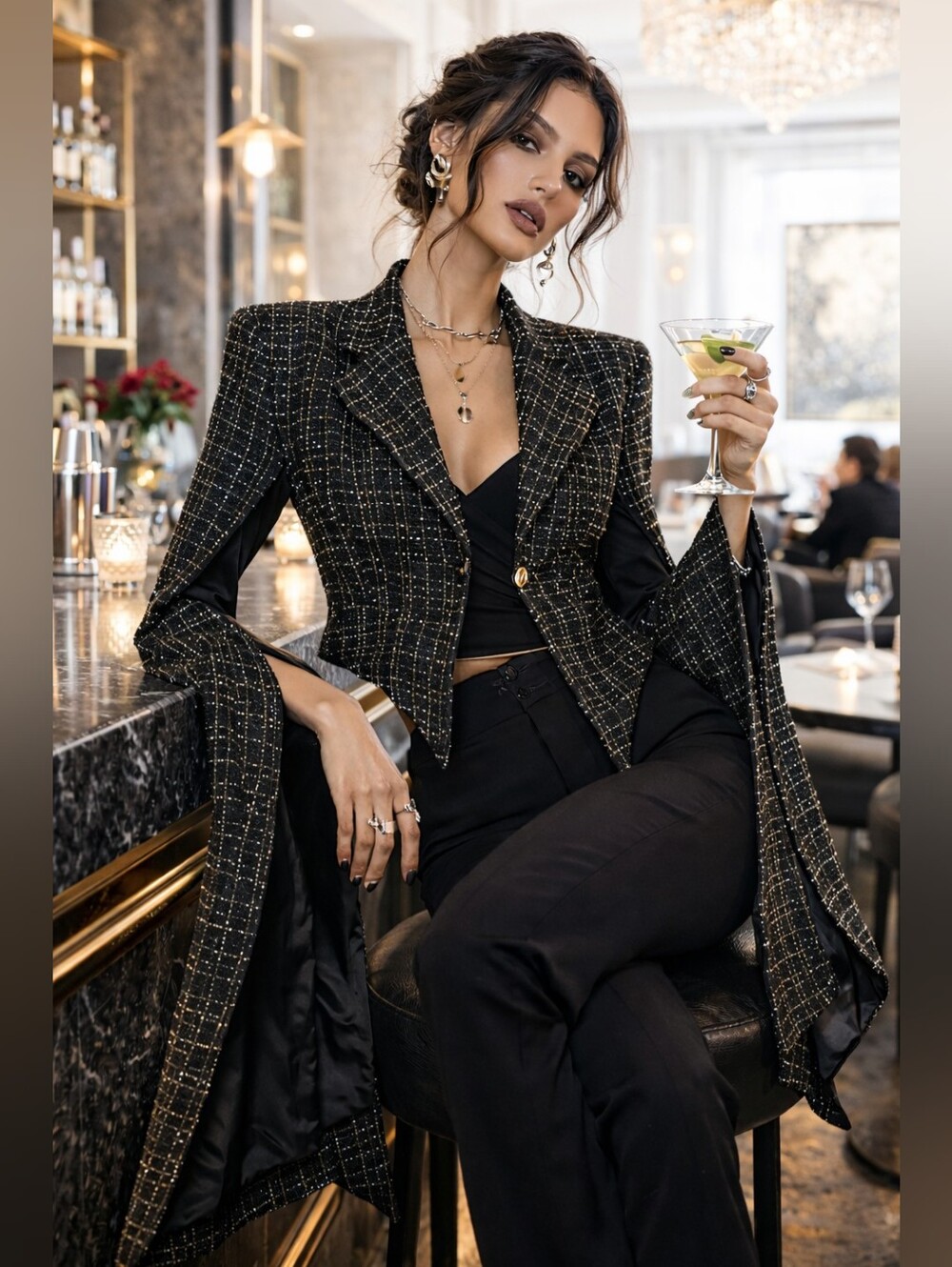 AVANT GARDE Black TWEED Long Split Sleeve CROPPED Blazer Jacket Women's Size S